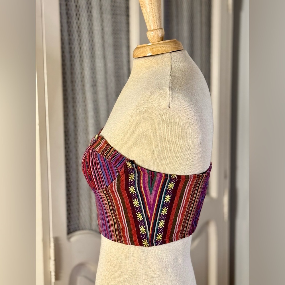 90’s Boho Colorful Striped Weave Sweetheart Neckline Front Zipper Bustier - Picture 2 of 7